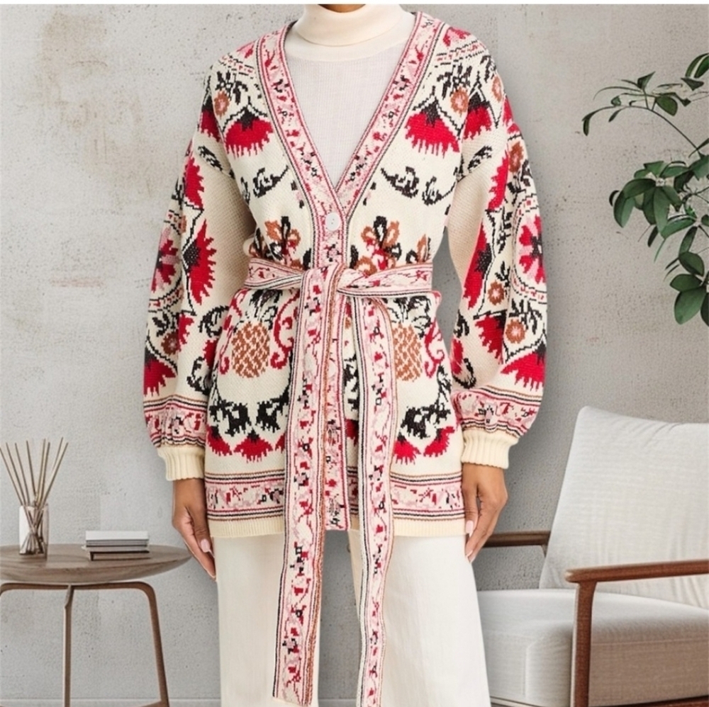 FARM Rio Cashew Mandala Cardigan Belted V-Neck Sweater Exclusive Size Small